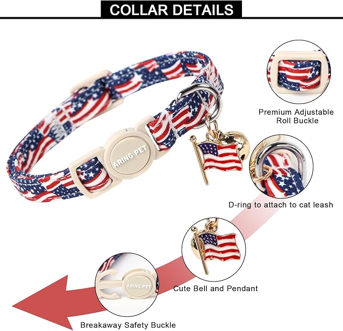 ARING PET 2 Pack American Flag Cat Collar-Cute 4th of July Independence Day Kitty Collars with Bell & Pendant, Adjustable Patriotic Kitten Collars with Safety Buckle