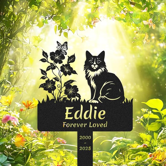 Custom Flowers Cat Memorial Grave Marker, Personalized Cat Memorial Stake Metal Pet Grave Marker for Cat, Customized Cat Memorial Memorial Plaque Cemetery Grave Plaque Yard Sign with Stake