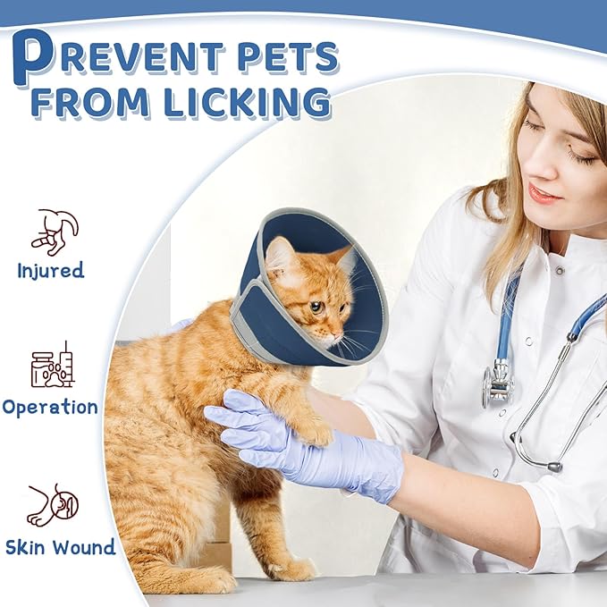 Cat Cone Collar Soft to Stop Licking, Adjustable, Foldable Lightweight Kitten Cone After Surgery Recovery for Cats & Kittens, EVA Material with PU Fabric, Solid Blue, M