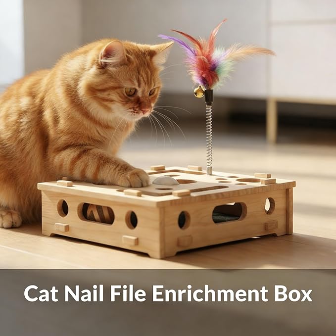 Cat Nail File Enrichment Box - Cat Scratch Puzzle with Bell Ball & Sandpaper, Stress-Free Alternative to Cat Nail Clipper, Cat Nail File Toy for Claw Care (A- Detachable)