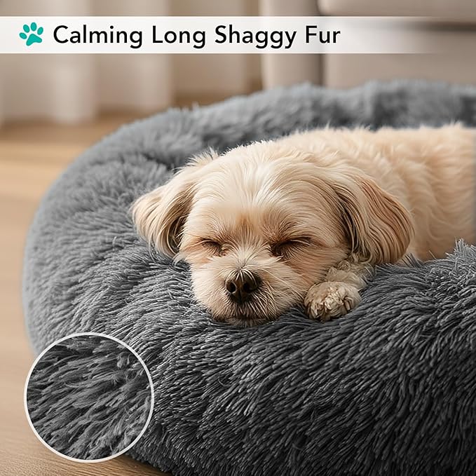 PetAmi Calming Dog Bed for Small & Medium Dogs and Cats, 23 Round Donut Dog Bed, Washable Fluffy Faux Fur Puppy & Cat Bed, Anti-Anxiety Plush Cuddler Pet Bed with Anti-Slip Bottom - Dark Gray