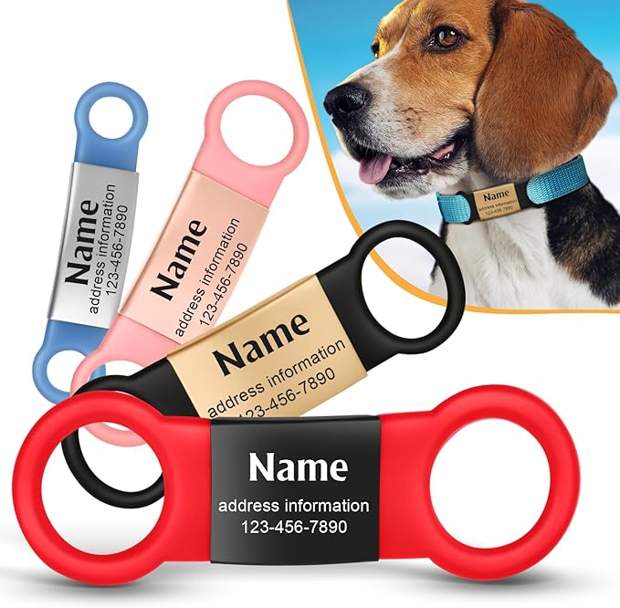 Slide-On Silent Dog Tags Engraved for Pets Personalized - Custom Silicone Stainless Steel ID Name Tags for Cats and Dogs - Soundless Quiet Badge for Collar - Kitten and Puppy Essentials (Medium)