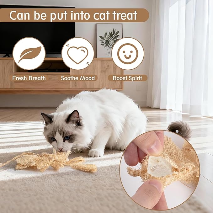 Cat Chew Toy-Natural Loofah Raffia Catnip Toys-7pcs Handmade Gum Massage Teether w/ Cat Wand Toy, Interactive Teeth Cleaning,Kitten Chew Stick for Aggressive Chewers, Safe Bite Relief & Stress Relief
