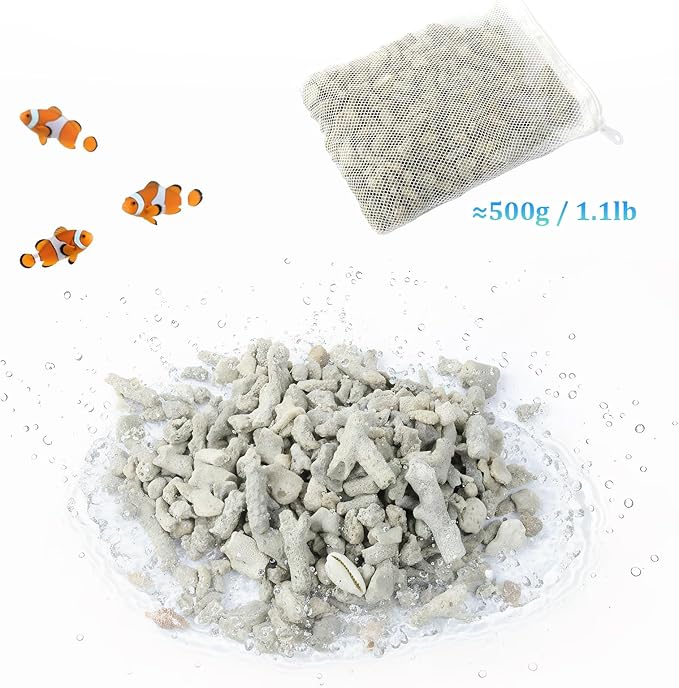 1.1lb/500g Net-bagged Crushed Coral Aquarium Filter Media, Fish Tank Coral Filter for Improving Water Quality, Reusable Crushed Coral Filter, for Cloudy Water Conditions & Frequent Fish Illnesses