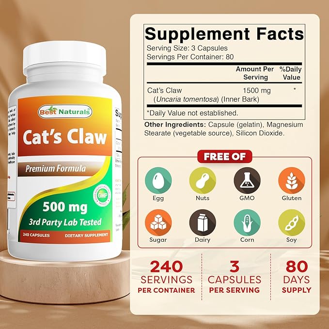Best Naturals Cat's Claw Capsule, 500 mg, 240 Count