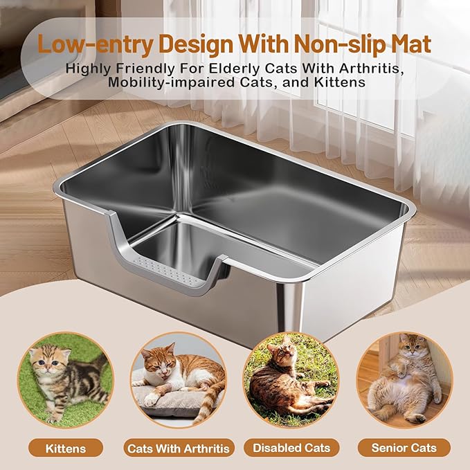 Stainless Steel Cat Litter Box, Steel Litter Pan with Curved Low Entry, Leak Proof 6 Inch High Side for Urine, Easy Entry for Kittens Older Cats, No Slip, 23.6" x 15.7" x 7.9", Silver