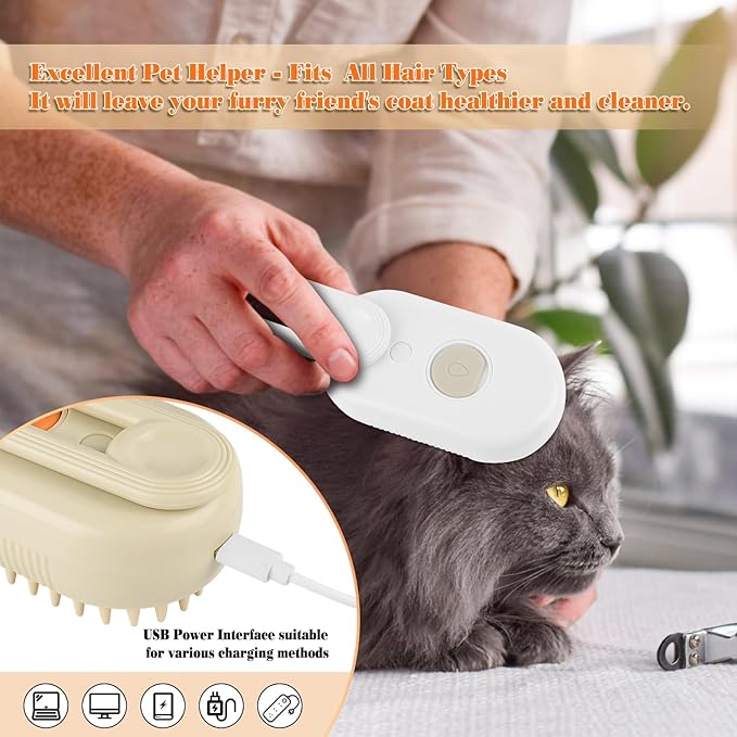 Cat Steam Brush for Shedding – Rechargeable Steam Pet Brush Flea, Anti-Static, Massage, Comb Cleaning All in One Pet Grooming Comb Hair Removal Tool for Cats and Dogs (2 PCS White Brown)