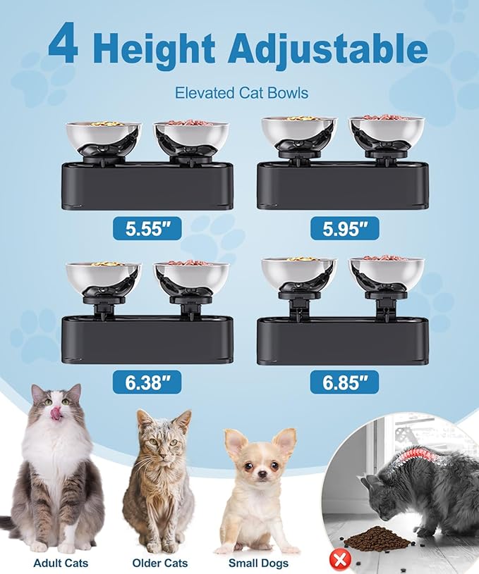 Elevated Cat Bowls, 15° Tilted in Both Way & 4 Height Adjustable Raised Cat Food Bowl, Cats Dish for Food and Water with 2 Stainless Steel Bowls, Anti Vomiting for Cats Puppy, Non-Slip No Spill