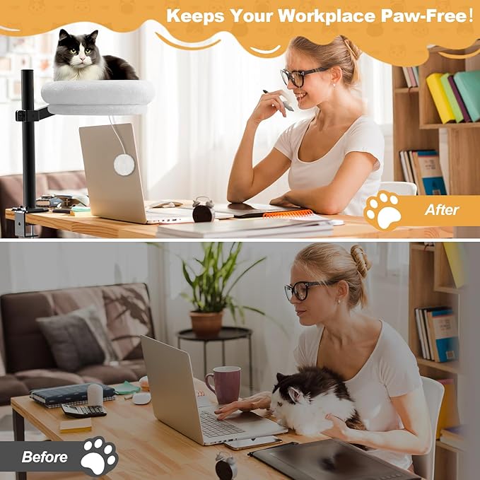 Cat Desk Bed, Pet Cats Desk Table Round Hammock, 360° Rotation & Height Adjustable, Comfortable Washable Soft Pad for Kitten, Metal Frame for Table Mounted Desk Side Pet Perch Bed Furniture