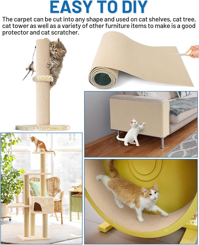 Cat Scratch Couch Furniture Protector, 78.7in x 15.8in Self-Adhesive Cat Scratch Mats, Trimmable DIY Cat Scratcher Pads for Wall, Couch Corner, Cat Tower and Replacement Pads (Khaki)