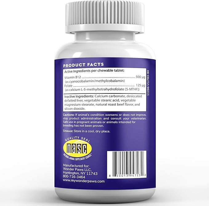 Wonder Paws B12 Supplement for Dogs – Vitamin B-12 for All Ages, Sizes & Breeds – Vitamin B12 for Dogs as Superior Methylcobalamin, Cobalamin & Folate (5-MTHF) – 90 Beef Flavored Chewables