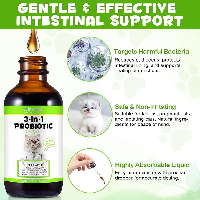 Probiotic for Cats, Natural 3 in 1 Cat Probiotic Drops Helps to Relieve Diarrhea, Supports Gut Health, Itchy Skin Relief, Allergies & Immunity, Digestive Enzyme Cat Supplement Drops - 60 ml / 2 fl.oz