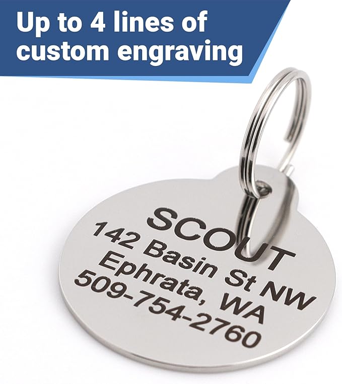 GoTags Paw Print Round Stainless Steel Pet Tag for Dogs and Cats, Personalized with 4 Lines of Custom Engraved ID Name and Number, in Stainless Steel and 15 Colors Small and Large, Glitter Red