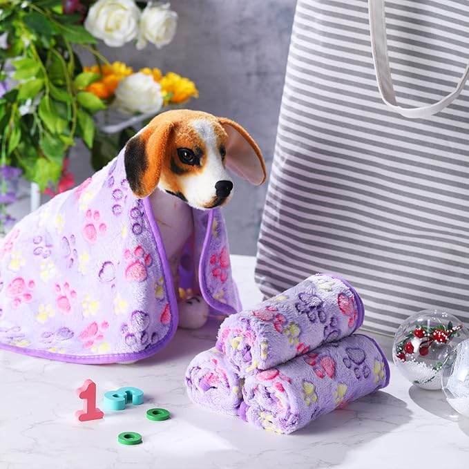 Tatuo 4 Pcs Dog Blanket for Pet Puppy Teething Toys Paw Print Fleece Blanket for Pet Cat Soft Warm Sleep Mat Guinea Pig Cage Mat (Medium(30 x 20.5 Inch),Purple)