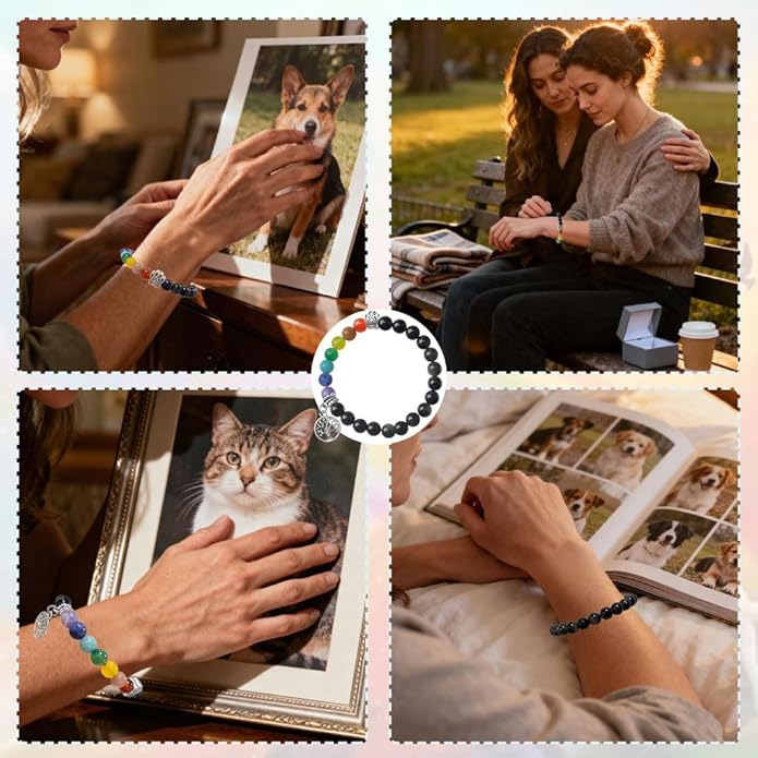 Pet Memorial Gifts, Sympathy Gift for Loss of Dogs and Cats, Chakra Rainbow Bridge Bracelet for Women Men Who Lost Pets