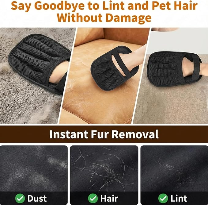 Electrostatic Pet Hair Removal Gloves for Cats & Dogs–Upgraded Reusable Magic Brush Tool for Quick Wiping on Couch, Carpet, Laundry, Car Seat & Pet Beds(3PC-Black