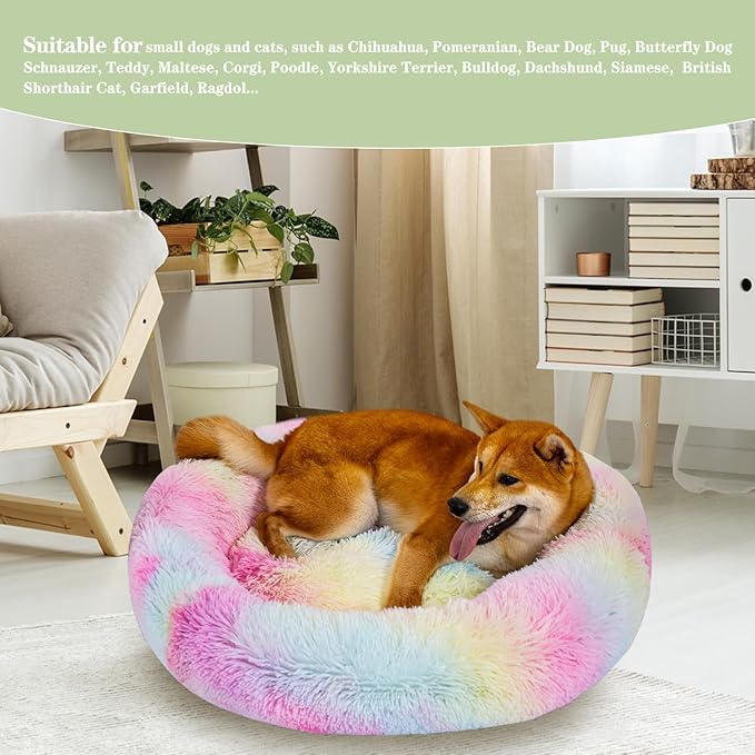 Calming Dog Bed for Medium Dogs Cats, Puppy 31'' Round Anti-Anxiety Warm Fluffy Plush Faux Fur Bed, Soft Anti-Slip Donut Washable, Cozy Medium Puppy Bed, Fits up to 50 lbs Pets