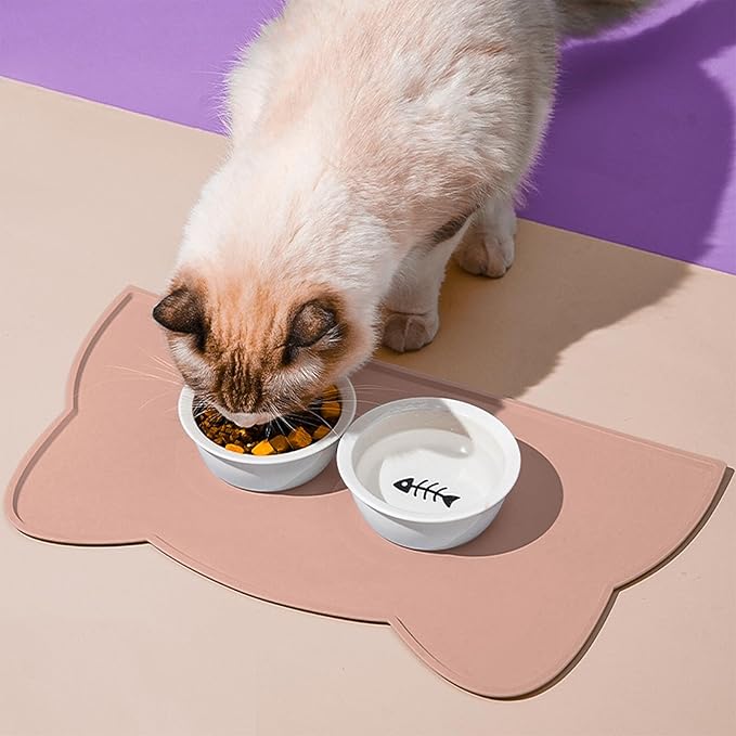 Cat Food Mat, Silicone Non Slip Dog Bowl Mat Waterproof Cat Feeding Mat Stop Food Spills and Water Messes Out to Floor Pet Food Mat (Tea Rose, 20" x 12")