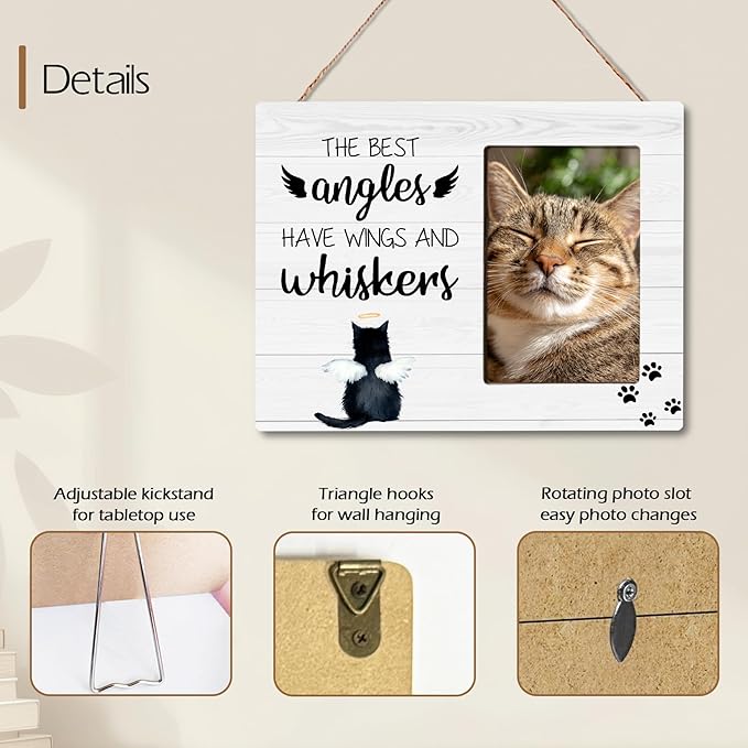 Cat Memorial Gifts for Loss of Cat, Angels Have Wings And Whiskers, Pet Memorial Wooden Picture Frame Sympathy Gifts, Fits 4x6 Photo Frame