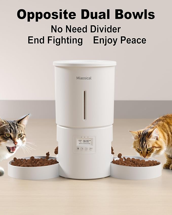 Automatic Cat Feeder for 2 Cats,6 Meals/Day,12 Portions/Meal,Dual Power Double Bowls,Dry Pet Food Autofeeder,10S Voice Record,Flexible Programmable Schedule Timer(White,Stainless Dual Bowls)