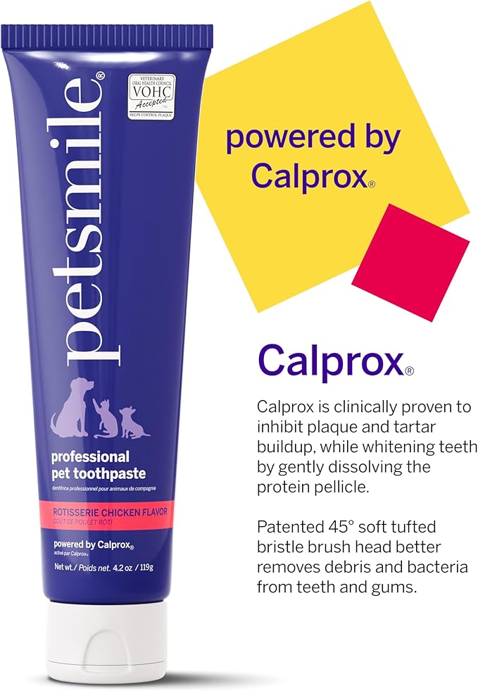 Petsmile Professional Pet Teeth Brushing Kit for Cats & Dogs - Only VOHC Accepted Toothpaste & Patented Toothbrush - Proven to Control Plaque & Tartar Calprox Formula (Rotisserie Chicken, 4.2 Oz)