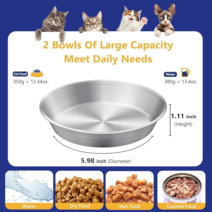 4-Pack Stainless Steel Cat Food Bowls, Shallow Whisker-Friendly Non-Slip Silicone Base Metal Dishes, Easy to Clean Indoor Water Flat Plates for Cat, Kitten, Small Dog (5.9")