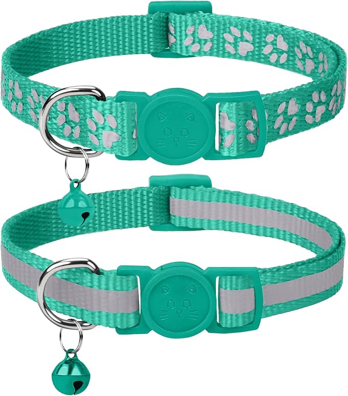 Taglory Reflective Cat Collar Breakaway with Bell, High Visibility Night Strip, Lightweight Adjustable Nylon Collar for Boy Girl Cats, 2 Pack, 7.5-12.5 Inch, Turquoise