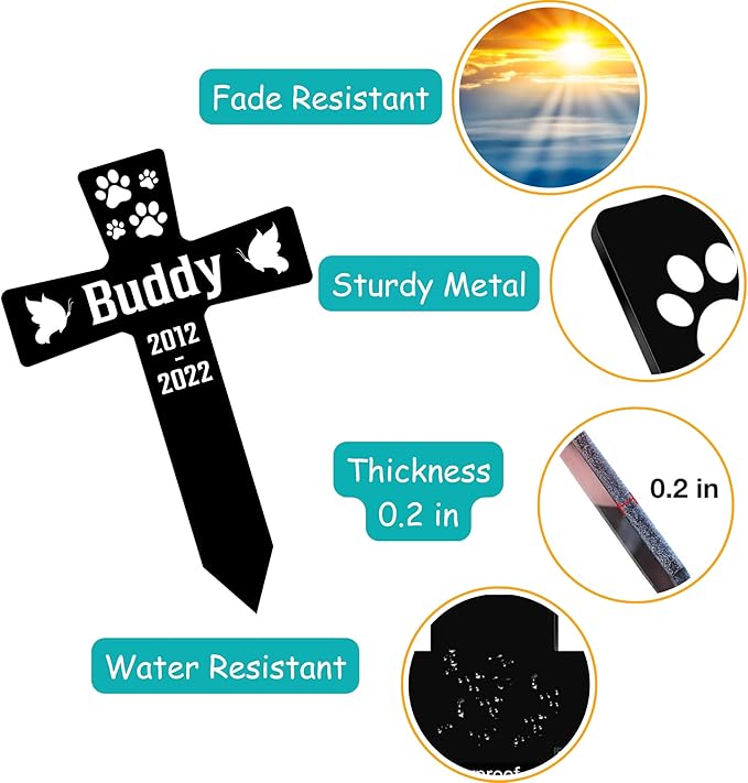 Custom Pet Paws Memorial Cross, Personalized Dog Metal Stake for Cemetery Yard, Sympathy Grave Marker with Paws, Memorial Plaque Cemetery Garden Stake