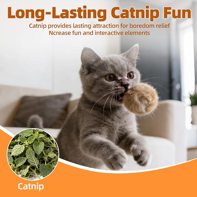 Rabbit Fur Pom Pom Ball,Real Rabbit Fur Catnip Toy - Interactive Fluffy Rolling Ball for Indoor Cats, Multi-Cat Homes & Pursuit Games, Soft Cute & Durable Play Essential for Kittens to Adults