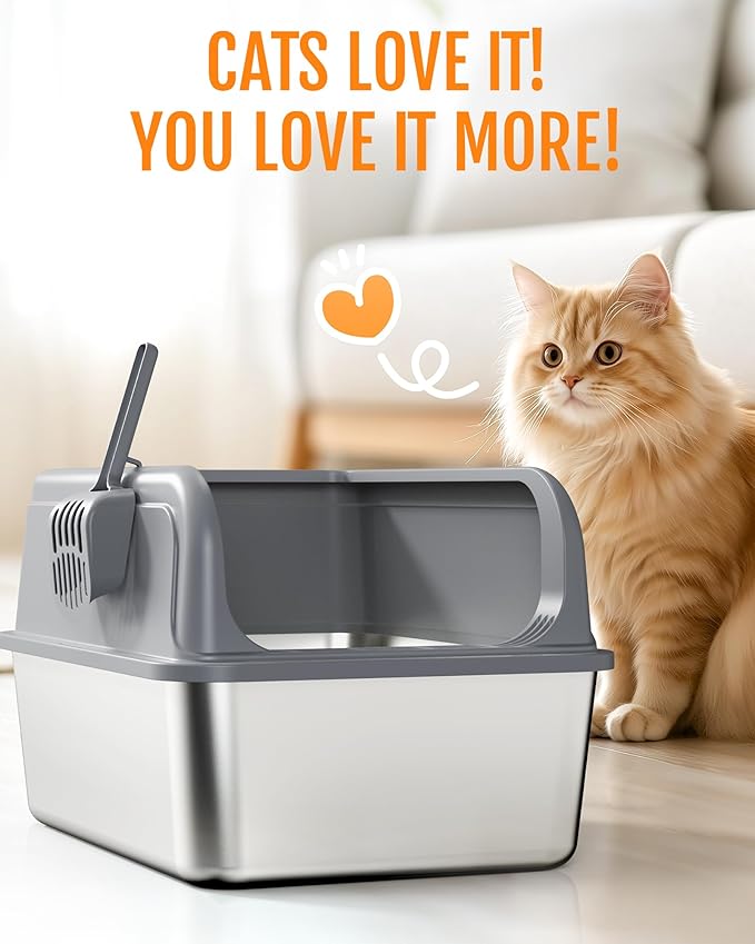 Stainless Steel Cat Litter Box, Metal Litter Box with Scoop, High- Sided, Anti-Leakage Top Entry, Non-Sticky, Easy to Clean, Grey, M (1 Pack)
