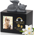 Cat Urns for Ashes, Rainbow Bridge Pattern Black Wooden Keepsake with Photo Frame, Pet Memory Box with Resin Cats Angel Statue and Sealed Storage Bags (Up to 10kg)