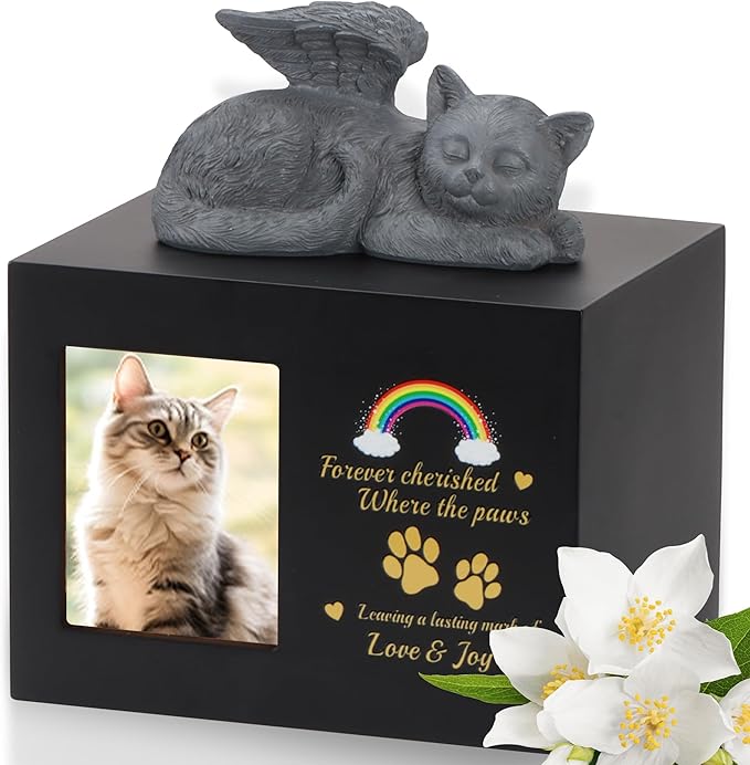 Cat Urns for Ashes, Rainbow Bridge Pattern Black Wooden Keepsake with Photo Frame, Pet Memory Box with Resin Cats Angel Statue and Sealed Storage Bags (Up to 10kg)
