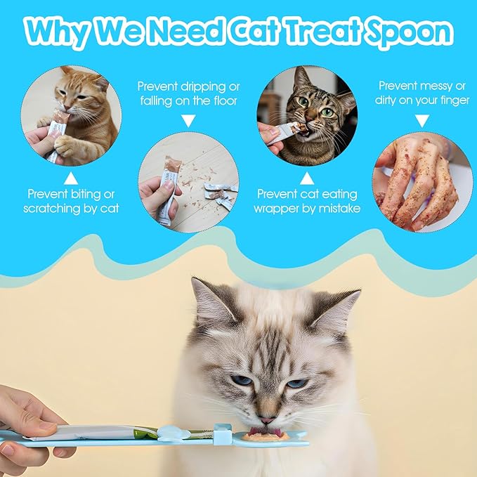 Cat Treat Spoon Squeeze,10.43 X 2.36 In Cute Cat Treat Feeder Spoon, Multifunctional Durable Cats Treats Feeder Spoons, Comfortable Grip,Suitable for Cats Liquid Treats and Wet Food, Blue