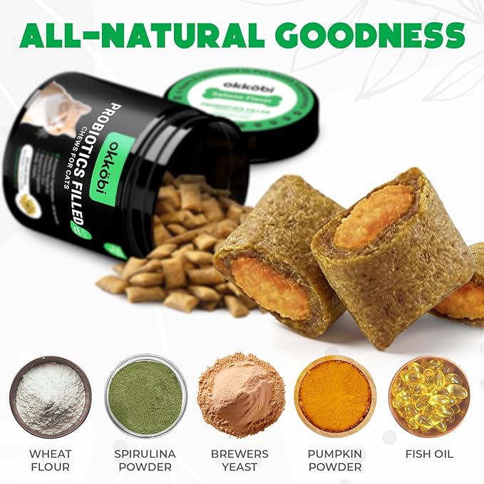 Probiotics for Cats Chews 500PCs - Digestive, Gut Health & Diarrhea Support - Probiotic Chews for Feline - Crunchy & Creamy with Cat Probiotics, Enzymes & Natural Ingredients - Salmon