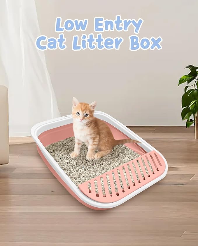 VCEPJH Kitten Litter Box Low Entry Litter Box for Senior Cats - Shallow Cat Litter Pan Collapsible Litterbox for Travel Pink