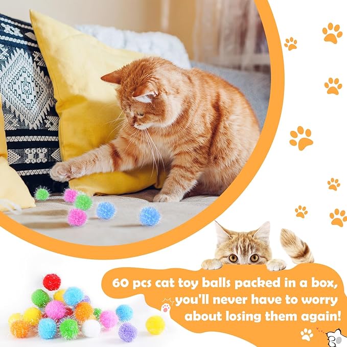 DF DUALFERV 60 Pcs Cat Pom Pom Balls, Interactive Cat Toys, Sparkle Balls for Cats, Extra Large and Fuzzy for Exercise and Entertainment, Multicolor, 1.5 Inch (60)