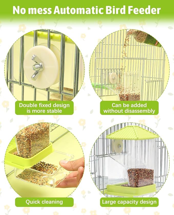 Hamiledyi 2 Pcs Automatic Bird Feeder No Mess Bird Cage Feeder Seed Food Container with Perch Transparent Parrot Cage Accessories for Parakeets, Budgies, Cockatoos, Finches, Lovebirds (Green)