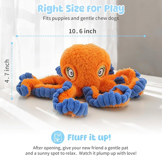 Squeaky Dog Toy for Puppy Teething, Plush Octopus Dog Toy, Puppy Chewing Toy, Soft Stuffed Chew Toys for Small Dogs Training and Keep Them Busy, Orange