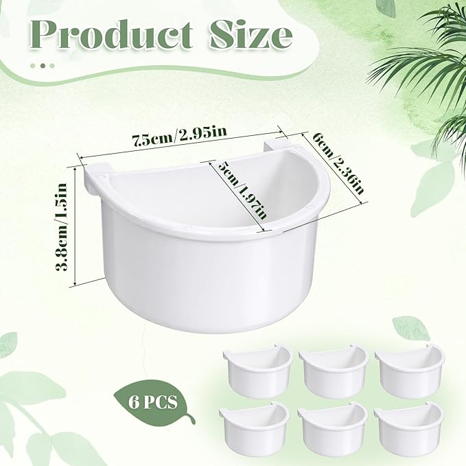 6 Pcs Bird Food Feeder, Bird Cage Feeder Hanging Feeding Bowl Seed Container White Food Dishes Bowl Birds Cage Accessories for Small Parakeet Pigeons Conures