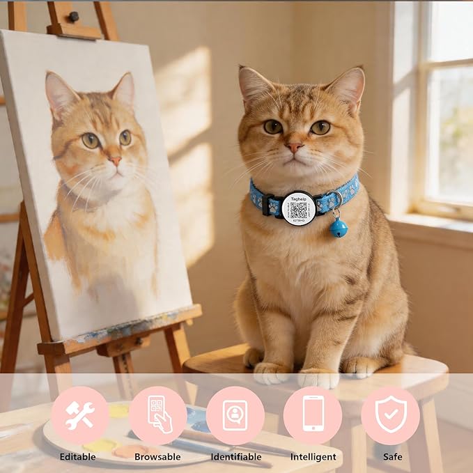 Cat Collar Breakaway with QR Code Name Tag, Reflective Kitten Collars with Bell, Cat ID Tag Personalized, Ultra-Durable, Adjustable, Quick Release, Fits Most Girl Boy Small Large Cats