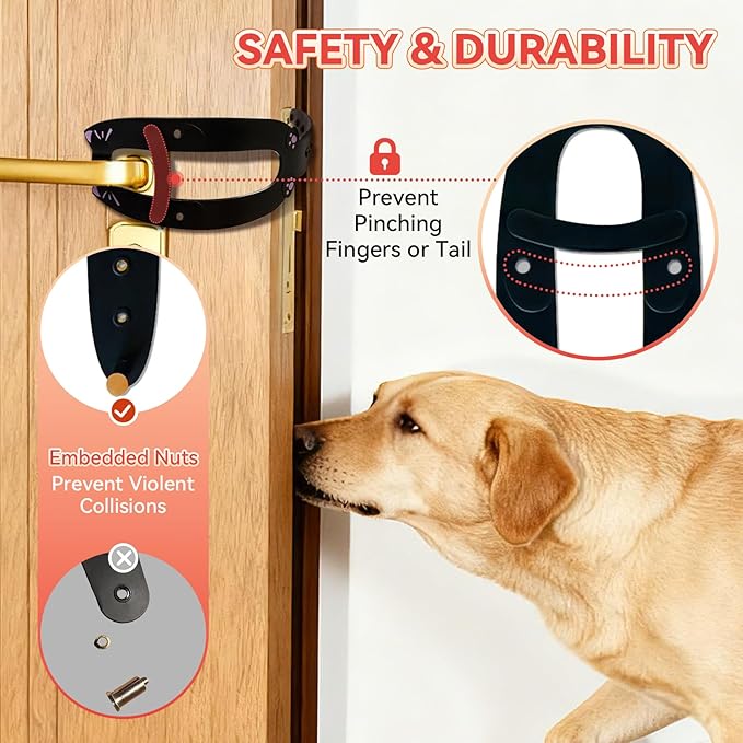 Cat Door Latch, Door Prop for Cats to Keep Dogs Out of Litter Box and Food, Preventing Hand Pinching, Cat Door Stopper with 6 Adjustable Straps 2.5-6.5" Wide, Including Door Plate, Black, 1Pc