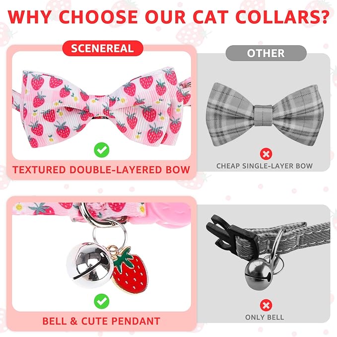 SCENEREAL Breakaway Cat Collar with Bell, 2 Pack Safety Adjustable Cat Collars with Pendant, Pink Personalised Puppy Kitten Collar with Bow for Spring Summer, Strawberry Tulip