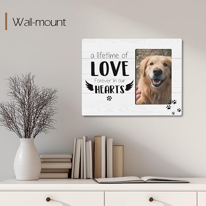 Pet Memorial Gifts for Loss of Pet, Forever In Our Heart, Dog Cat Memorial Wooden Picture Frame Sympathy Gifts, Fits 4x6 Photo Frame