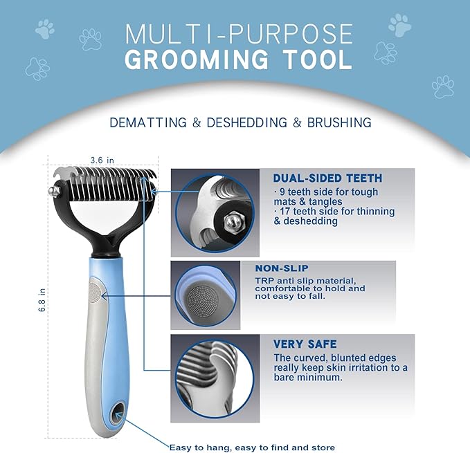 GOESWELL Pet Deshedding Brush - Undercoat Rake for Dogs & Cats - Double Sided Brush for Shedding and Dematting Comb for Dogs Grooming Tool kit - (Blue(Rake +Comb))