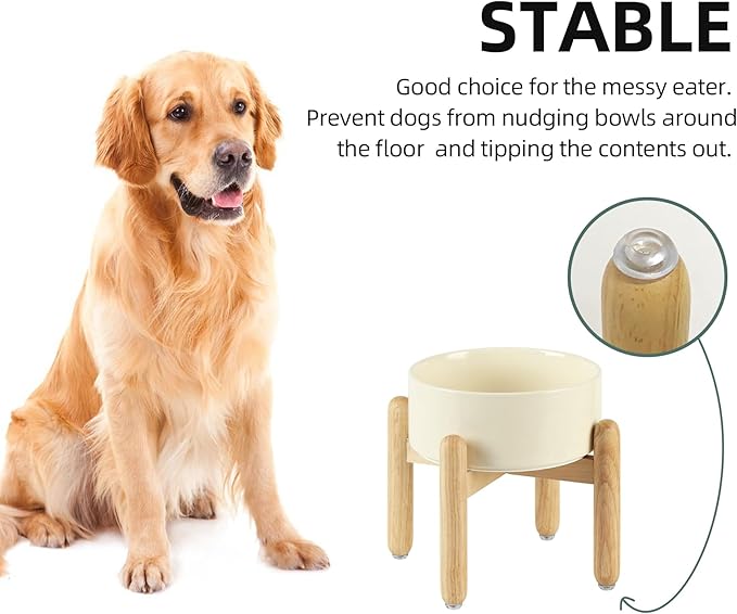 Ceramic 7.3inch Raised Dog Bowl Set, Elevated with Wooden Stand, Food and Water Bowl for Medium Breed Dogs, Weighted Dog Dishes, Pet Feeder(Light Yellow)