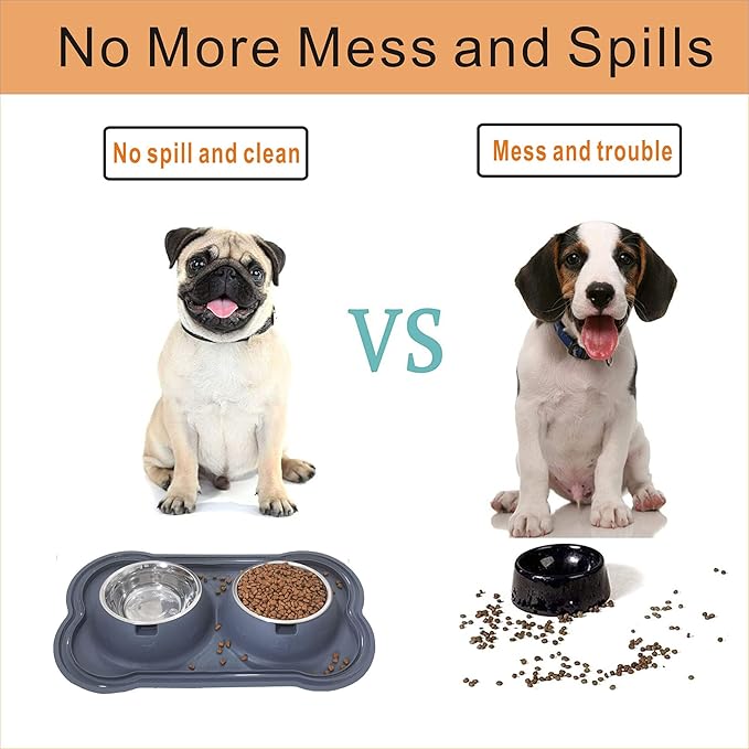 Stainless Steel Dog Bowls with Silicone Mat, Non-Skid Pet Feeder, No-Spill Design, Rust-Resistant Cat Dishes, Easy to Clean, Grey