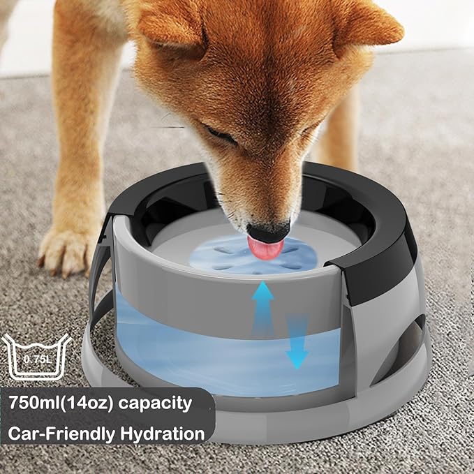 25oz Slow Drink Dog Water Bowl, No Spill Water Bowl for Dogs Cats, Non-Splash No Mess Puppy Kitten Water Feeder, Carried Portable Base for Vehicle Car,Travel,Home (Small/Medium Pets) - Gray