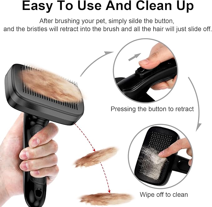 Self Cleaning Slicker Brush for Dog, Cat, Skin Friendly Shedding & Grooming Tool for Long and Short Haired Pets, Easy Clean Retractable Bristles, Black