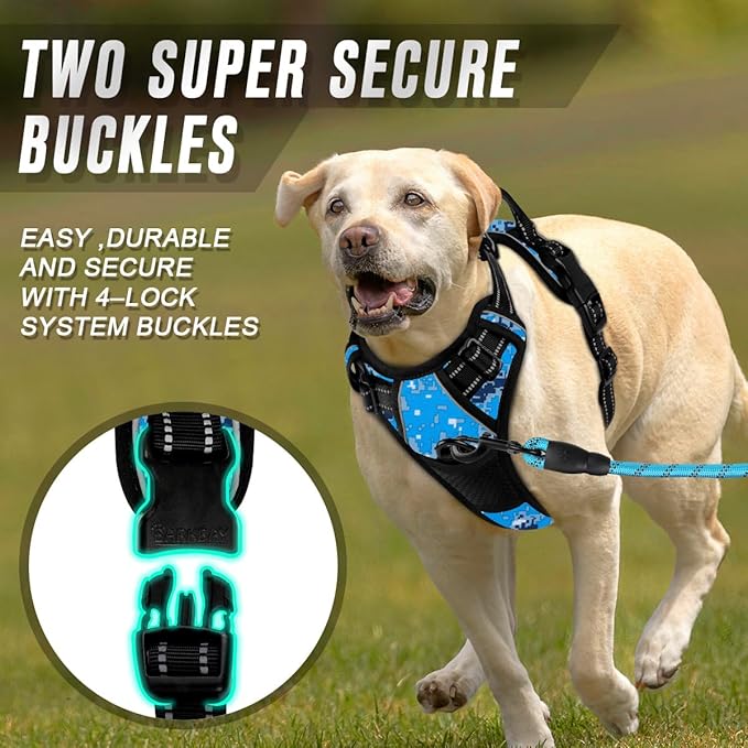 BARKBAY No Pull Dog Harness Front Clip Heavy Duty Reflective Easy Control Handle for Large Dog Walking(Blue camo,M)