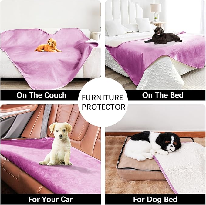 Waterproof Dog Blankets for Large Dogs, Washable Pet Blanket for Indoor Cats, Plush Sherpa Puppy Throw Furniture Protector for Bed Couch Sofa(40"x50",L,Purple)